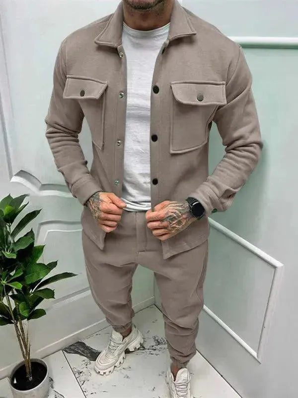 Men Stylish Buttoned Jogger Two-Piece Set - Solid Jogger Two-Piece Set - LeStyleParfait