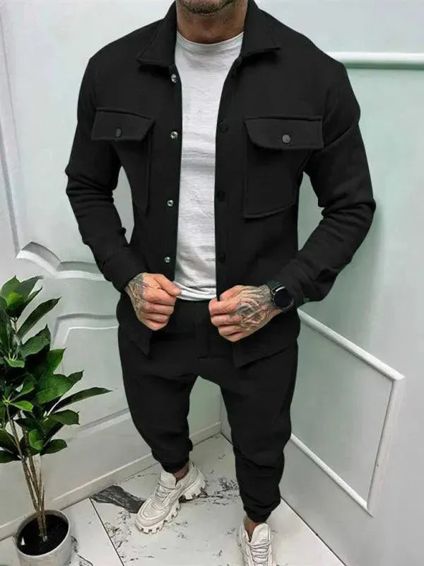 Men Stylish Buttoned Jogger Two-Piece Set - Solid Jogger Two-Piece Set - LeStyleParfait