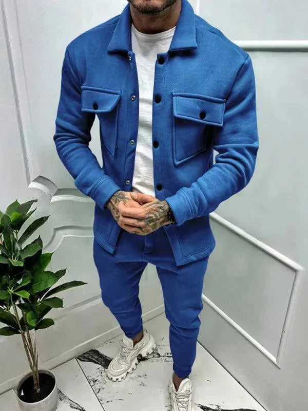 Men Stylish Buttoned Jogger Two-Piece Set - Solid Jogger Two-Piece Set - LeStyleParfait