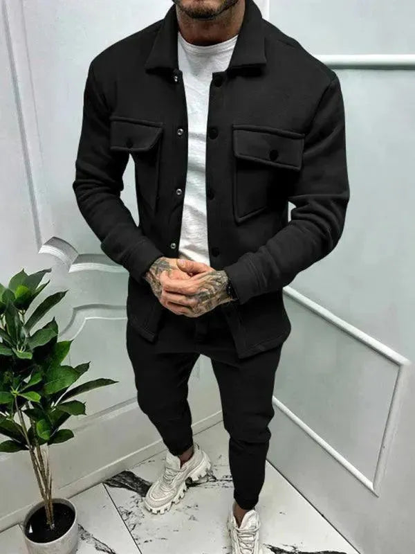Men Stylish Buttoned Jogger Two-Piece Set - Solid Jogger Two-Piece Set - LeStyleParfait