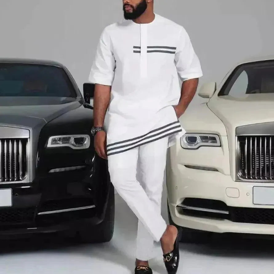 Men Stylish Graphic Cotton Two-Piece Set - Graphic Trousers Two-Piece Set - LeStyleParfait