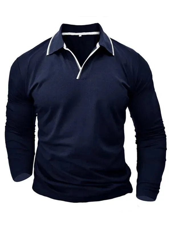 Men's Long-Sleeved V-Neck Lapel Polo Shirt-Polo Shirt-LeStyleParfait