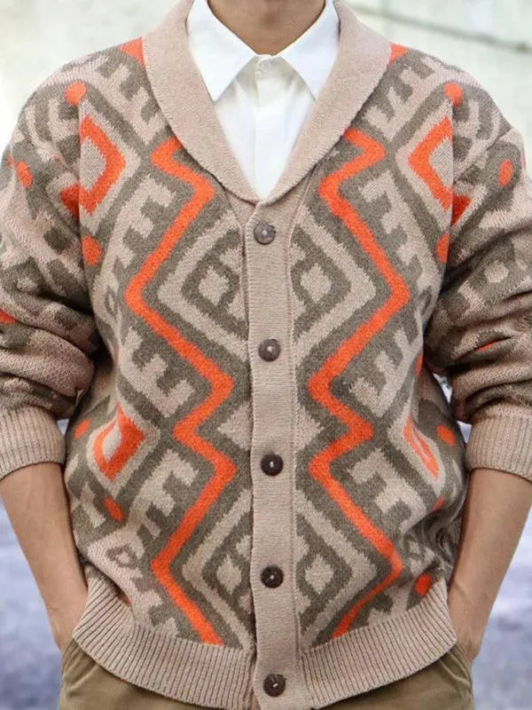 Men’s Retro Jacquard V-Neck Cardigan Sweater – Button