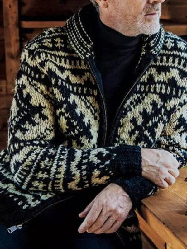 Men’s Zip Jacquard Cardigan Sweater – V-Neck