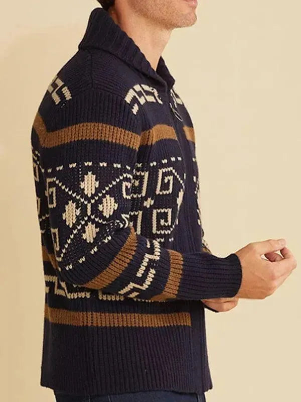 Men’s Zip Jacquard Cardigan Sweater – V-Neck Style