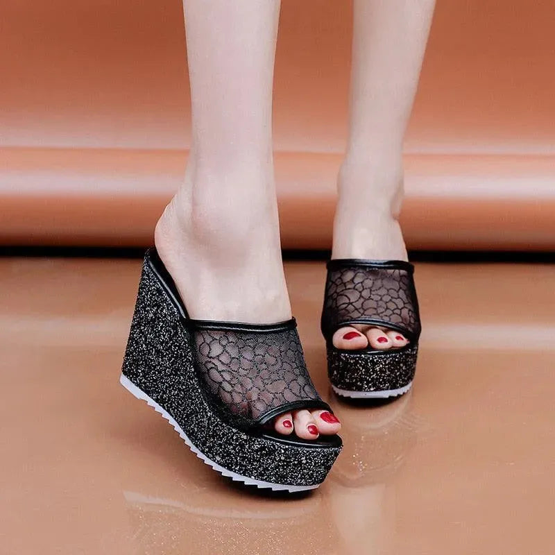 Mesh Platform Slip On Wedge Sandals - Wedge Shoes - LeStyleParfait