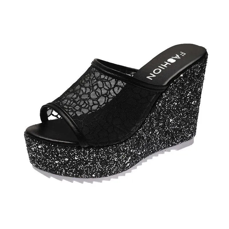 Mesh Platform Slip On Wedge Sandals - Wedge Shoes - LeStyleParfait