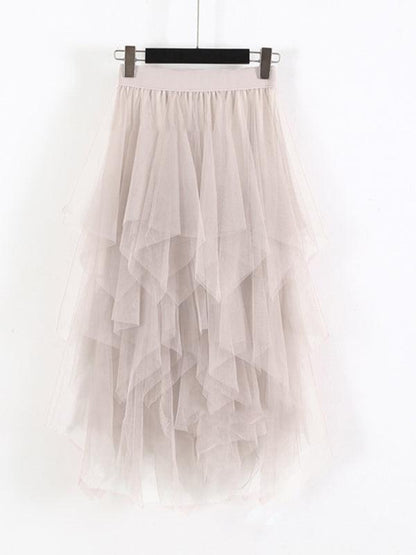 Mesh Splicing Skirt High Waist Slimming Solid Color Mid-length Fairy Skirt - - LeStyleParfait