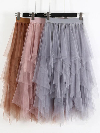 Mesh Splicing Skirt High Waist Slimming Solid Color Mid-length Fairy Skirt - - LeStyleParfait