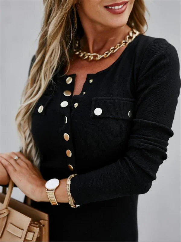 button-down,button-down dress,buttons,fall,fall dress,knit,ladies Wrinkle resistant,long sleeve,long sleeve dress,midi,midi dress,midi hem dress,office,office dress,pencil,pencil dress,polyester dress,Quick drying midi dress,round,round neckline dress,sheath,sheath dress,slim,slim fit dress,solid,solid dress,solid midi dress,straight-LeStyleParfait