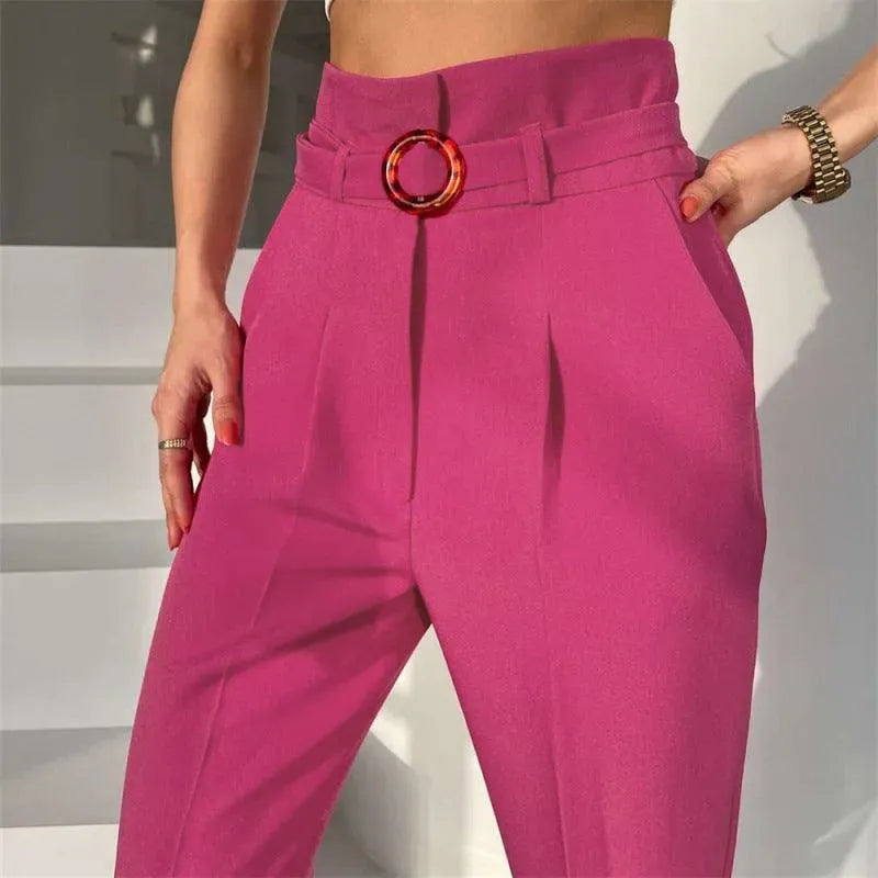 LeStyleParfait Women Pants Plain-Solid Women's Belted Polyester-Women Pants