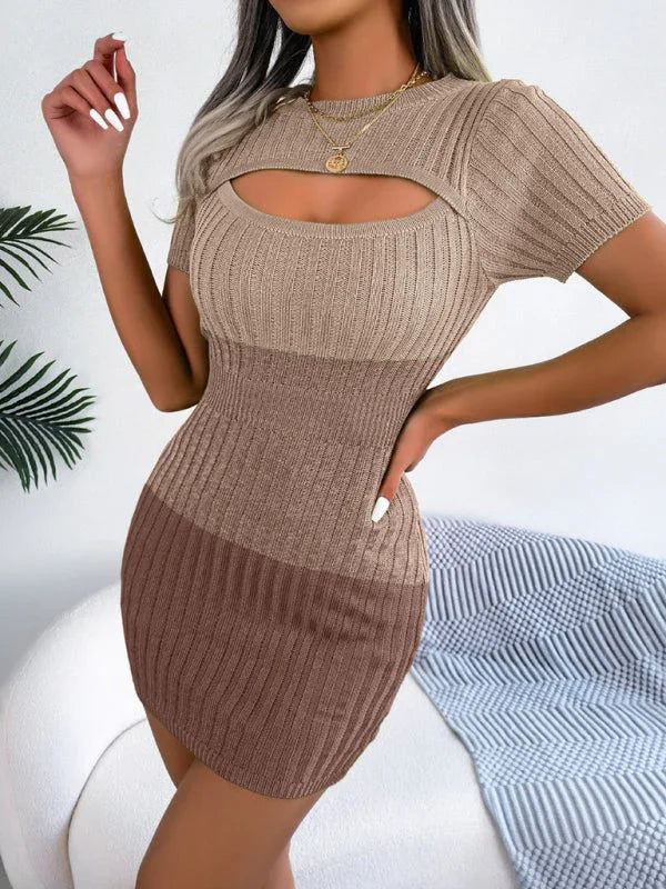 bodycon,bodycon fit dress,cut-outs,fall,fall dress,knit,knit dress,ladies Wrinkle resistant,mini,mini hemline dress,mock neck,mock neck dress,party,party dress,party occasion dress,pencil,pencil bottom dress,Quick drying mini dress,sheath,sheath dress,short sleeve,short sleeves dress,slip-on,slip-on dress,solid,solid dress,straight-LeStyleParfait