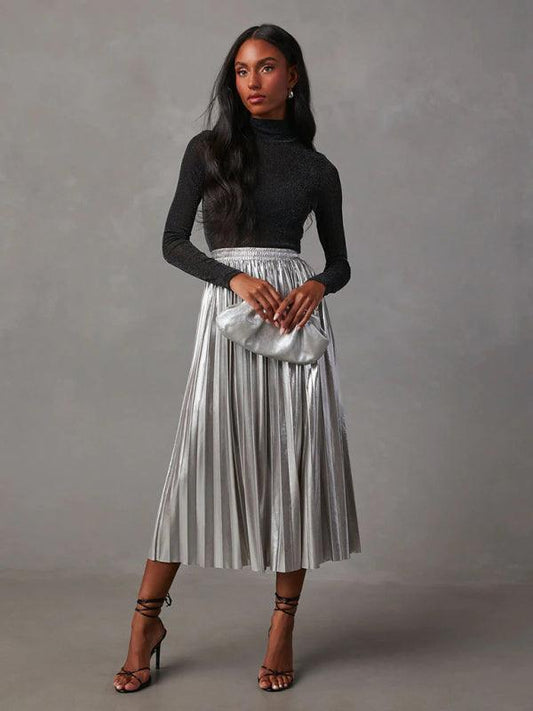 New Shiny Pleated High-waisted A-line Mid-length Skirt - - LeStyleParfait