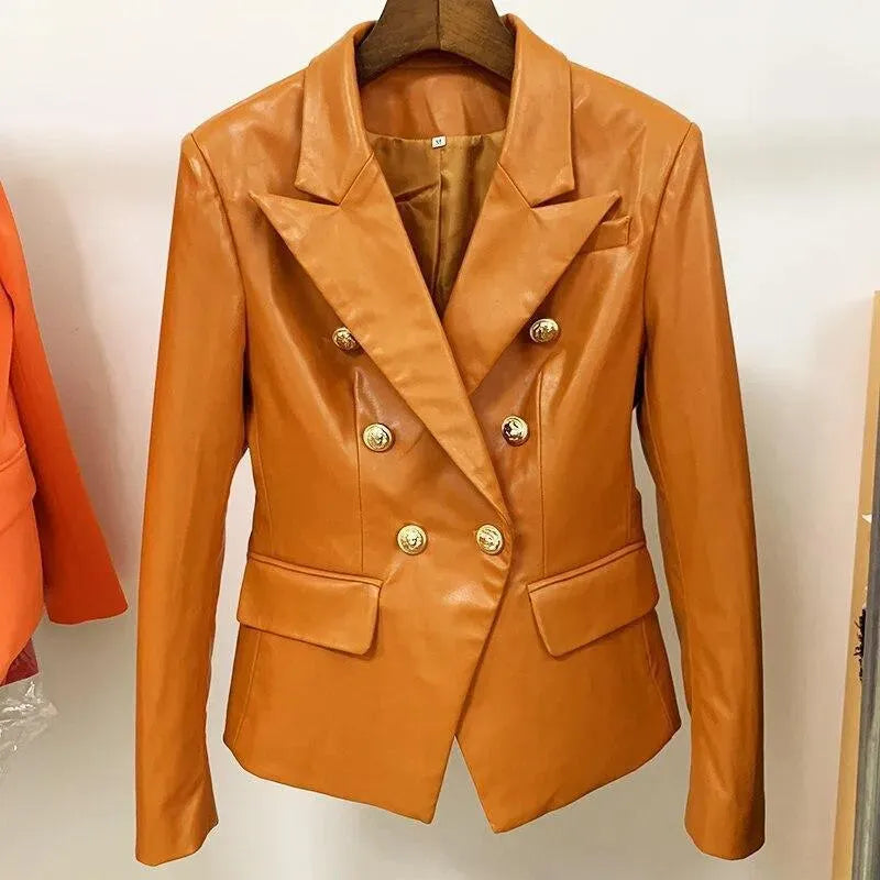 Orange Leather Blazer Women - Formal-Business - Plain-Solid - Leather Blazer - LeStyleParfait