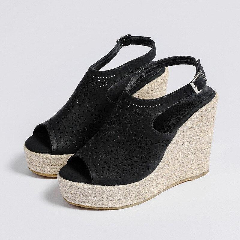 Peep Toe Leather Wedge Sandals - Wedge Shoes - LeStyleParfait