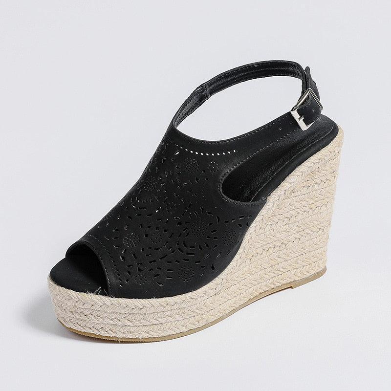 Peep Toe Leather Wedge Sandals - Wedge Shoes - LeStyleParfait