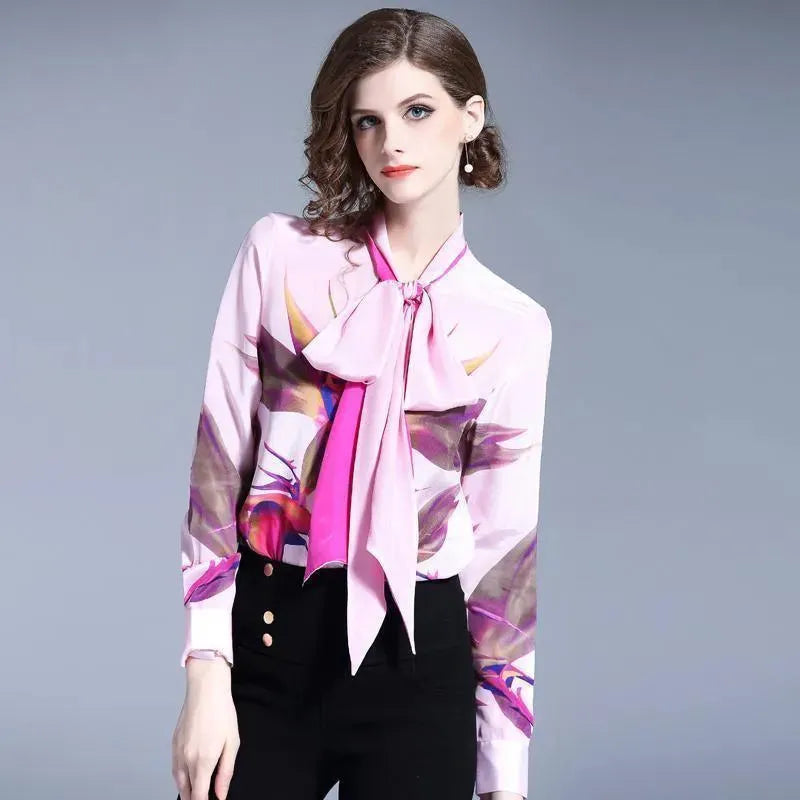 Pink Bow Tie Women Blouse - Women's Shirt - LeStyleParfait