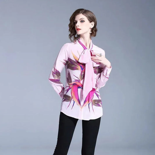 Pink Bow Tie Women Blouse - Women's Shirt - LeStyleParfait