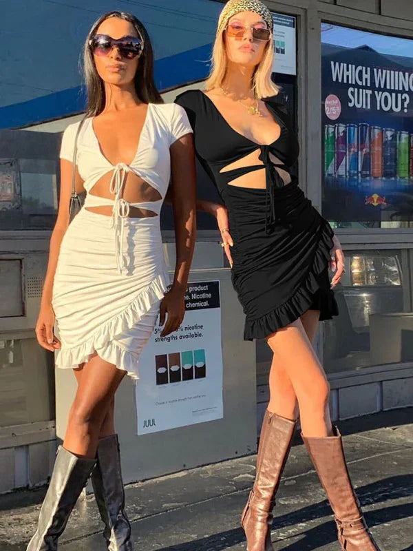 bodycon,bodycon dress,dress,jersey,jersey dress,lace-up,lace-up dress,ladies ruched,mini,mini dress,mini hemline dress,party,party dress,quick drying mini dress,ruched,ruffled,ruffles,sheath,sheath dress,short sleeve,short sleeves dress,solid,solid dress,summer,summer dress,V-neck,v-neck dress,wrinkle resistant-LeStyleParfait