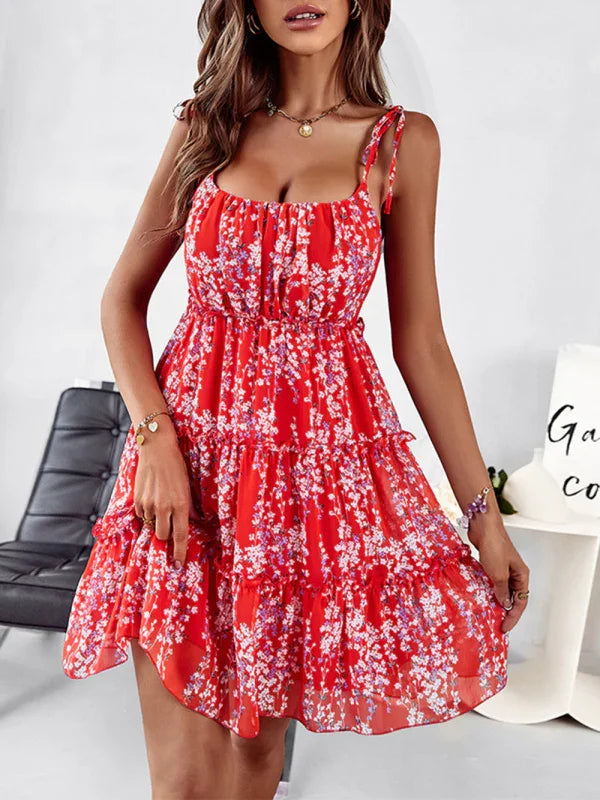 A-line,a-line dress,casual,casual dress,chiffon,chiffon dress,floral,floral dress,flowy,flowy dress,ladies Wrinkle resistant,mini,mini dress dress,mini hemline dress,Quick drying mini dress,ruffled,ruffles,sleeveless,sleeveless dress,slip-on,slip-on dress,square,square neckline dress,summer,summer dress,tiered-LeStyleParfait