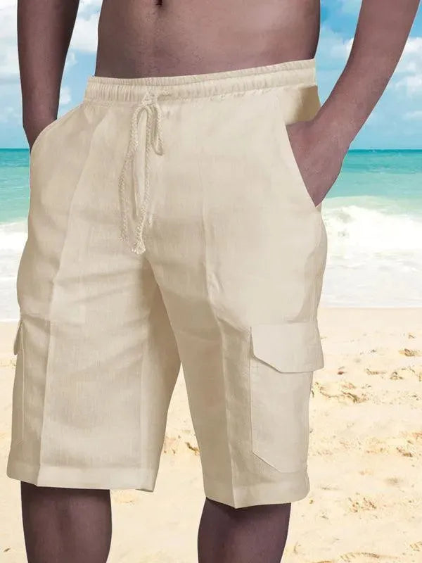 Men Linen Cargo Shorts Cat Print - Shorts - LeStyleParfait