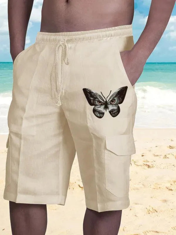 Men Linen Cargo Shorts Cat Print - Shorts - LeStyleParfait