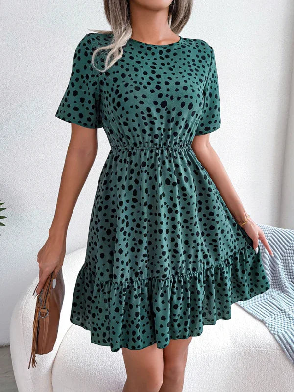 A-line,a-line dress,casual,casual dress,cotton,cotton dress,fit & flare dress,flared,flowy,flowy dress,Flowy fit,ladies Ruffled waist,Lightweight,mini,mini hem dress,playful dress,polka dot,polka dot dress,Quick drying mini dress,round,round neckline dress,ruffled,ruffles,short sleeve,short sleeve dress,slip-on,slip-on dress,summer,summer dress,Wrinkle-resistant-LeStyleParfait