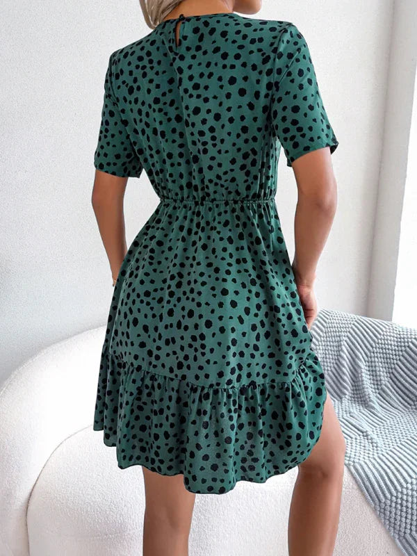 A-line,a-line dress,casual,casual dress,cotton,cotton dress,fit & flare dress,flared,flowy,flowy dress,Flowy fit,ladies Ruffled waist,Lightweight,mini,mini hem dress,playful dress,polka dot,polka dot dress,Quick drying mini dress,round,round neckline dress,ruffled,ruffles,short sleeve,short sleeve dress,slip-on,slip-on dress,summer,summer dress,Wrinkle-resistant-LeStyleParfait