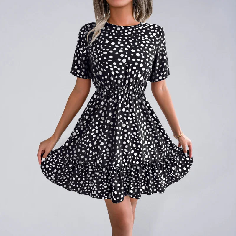 A-line,a-line dress,casual,casual dress,cotton,cotton dress,fit & flare dress,flared,flowy,flowy dress,Flowy fit,ladies Ruffled waist,Lightweight,mini,mini hem dress,playful dress,polka dot,polka dot dress,Quick drying mini dress,round,round neckline dress,ruffled,ruffles,short sleeve,short sleeve dress,slip-on,slip-on dress,summer,summer dress,Wrinkle-resistant-LeStyleParfait