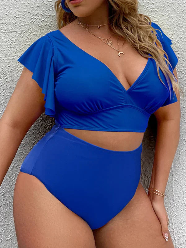 Plus Size Women-Falbala V-Neck Bikini Set fashion image