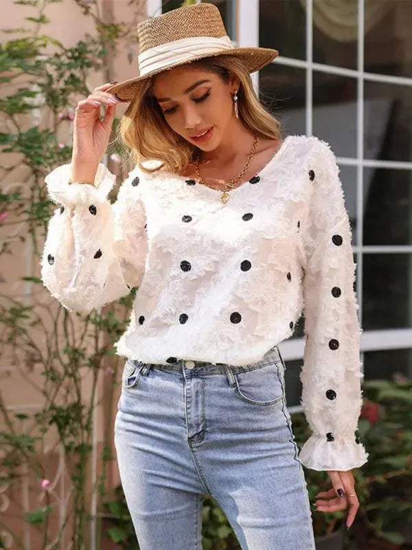 Polka Dot V Neck Women Top - - LeStyleParfait