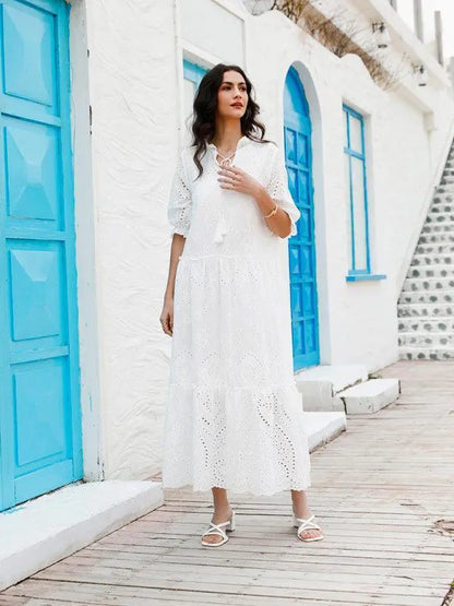 Puff Sleeve Cotton Maxi Dress-LeStyleParfait