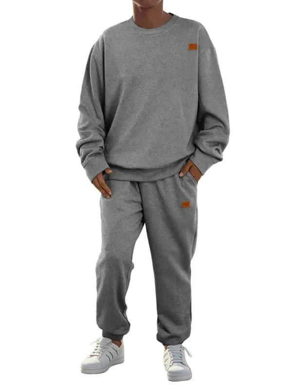 Relaxed Casual Crewneck Jogger Two-Piece Set - Solid Jogger Two-Piece Set - LeStyleParfait