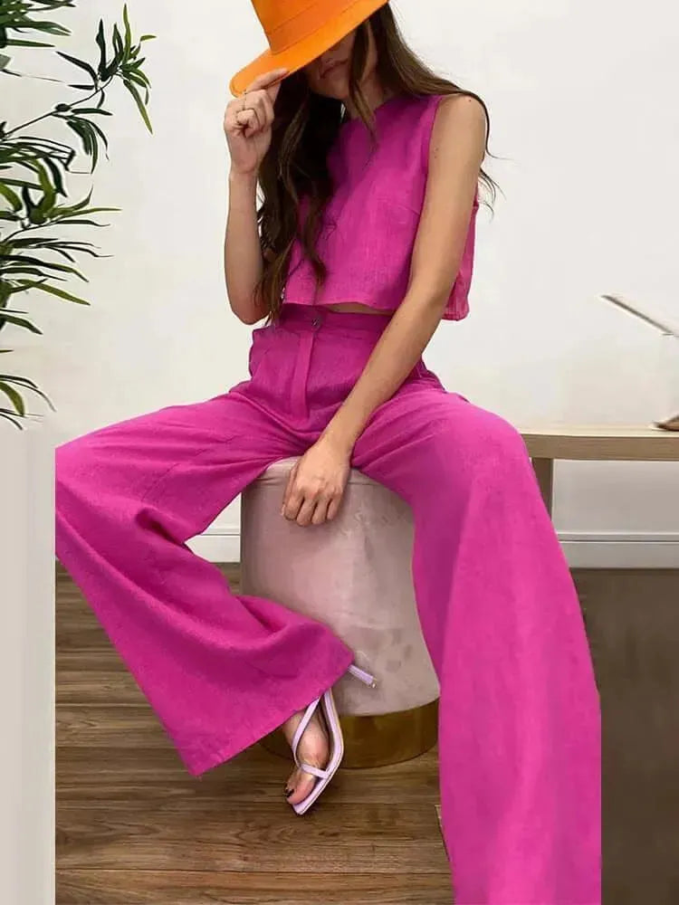 Relaxed Chic Women Casual Two-Piece Pants Set - Linen Pants Set - LeStyleParfait