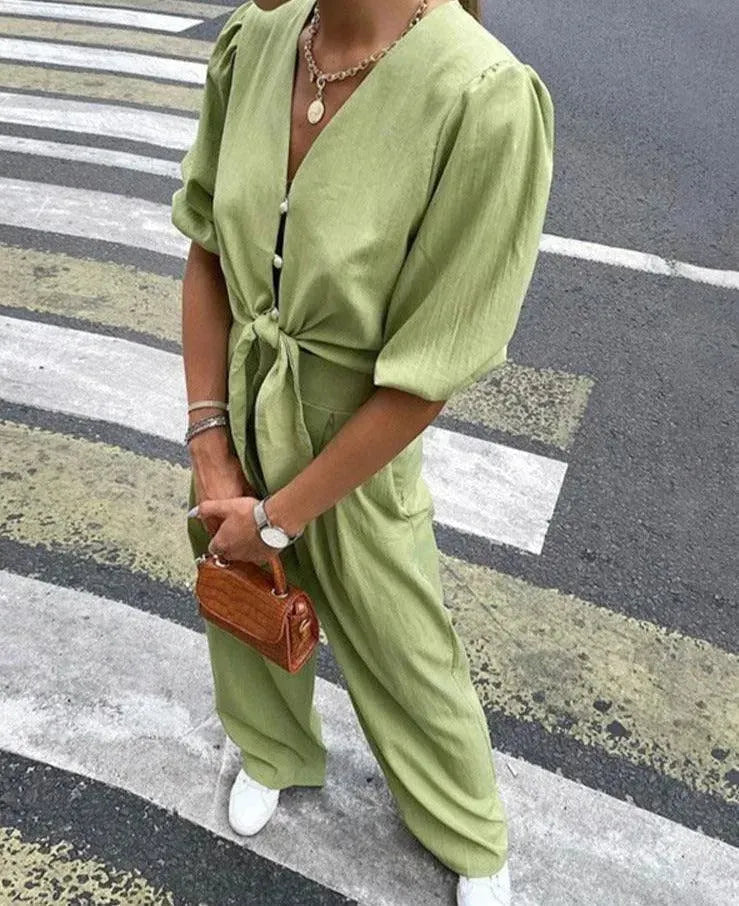 Relaxed Green Linen Two-Piece Set - Linen Two-Piece Set - LeStyleParfait