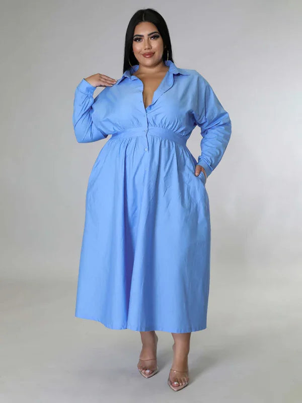 Relaxed Lapel Collar Midi Shirt Dress