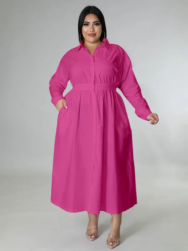 Relaxed Lapel Collar Midi Shirt Dress