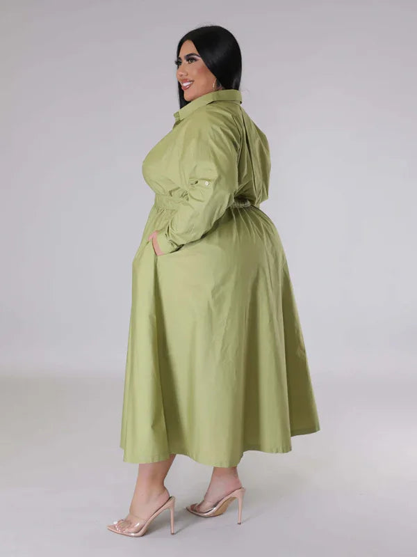 Relaxed Lapel Collar Midi Shirt Dress