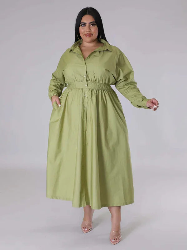 Relaxed Lapel Collar Midi Shirt Dress