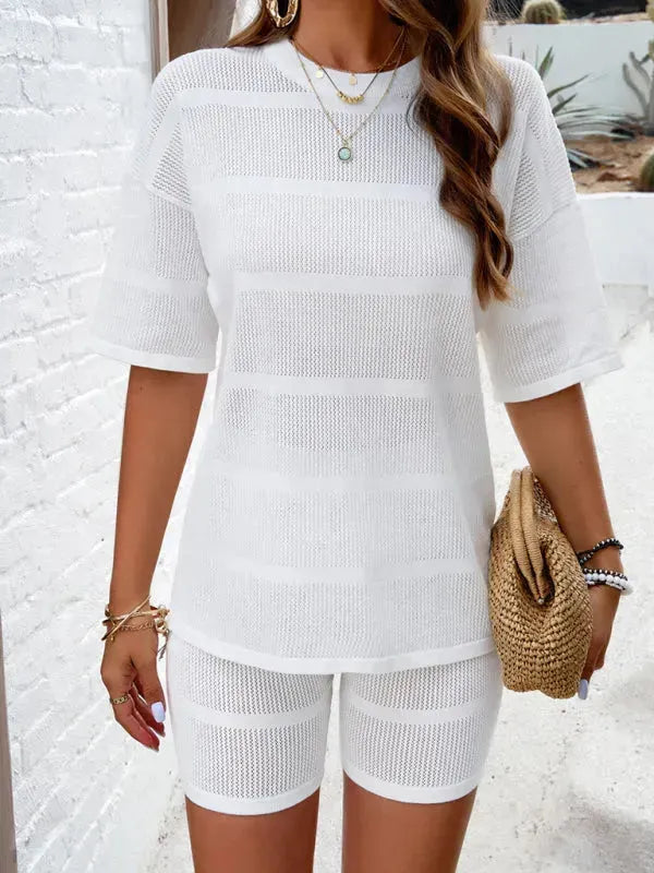 Relaxed Women Casual Ribbed Two-Piece Shorts Set - Casual Short Set - LeStyleParfait