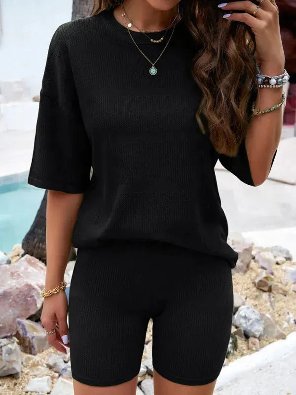 Relaxed Women Casual Ribbed Two-Piece Shorts Set - Casual Short Set - LeStyleParfait