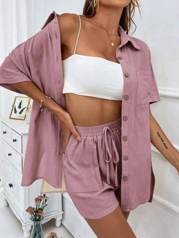 Relaxed Women Casual Two-Piece Linen Short Set - Linen Short Set - LeStyleParfait