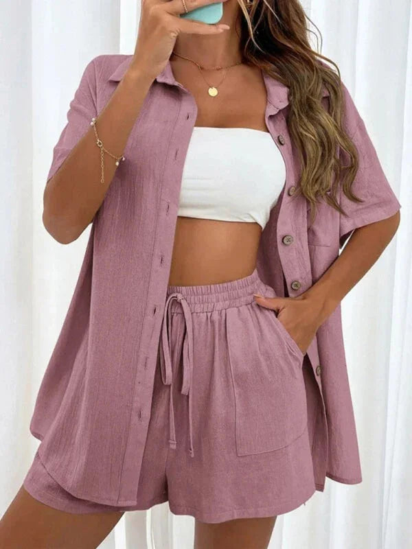 Relaxed Women Casual Two-Piece Linen Short Set - Linen Short Set - LeStyleParfait