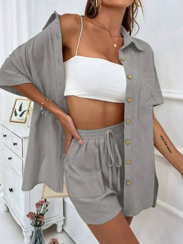 Relaxed Women Casual Two-Piece Linen Short Set - Linen Short Set - LeStyleParfait