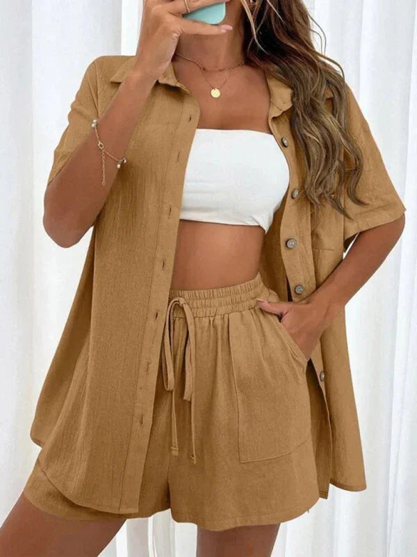 Relaxed Women Casual Two-Piece Linen Short Set - Linen Short Set - LeStyleParfait