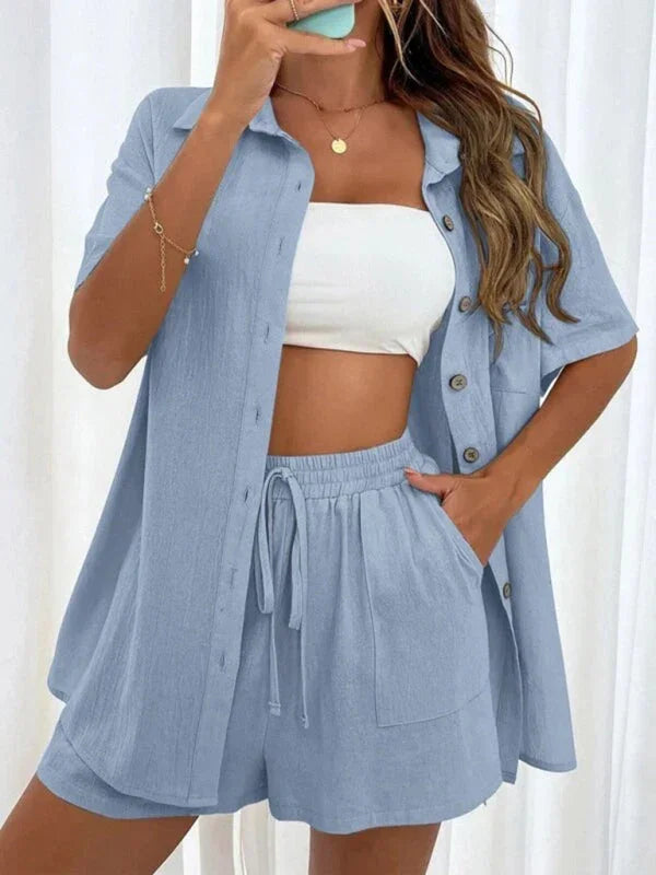 Relaxed Women Casual Two-Piece Linen Short Set - Linen Short Set - LeStyleParfait