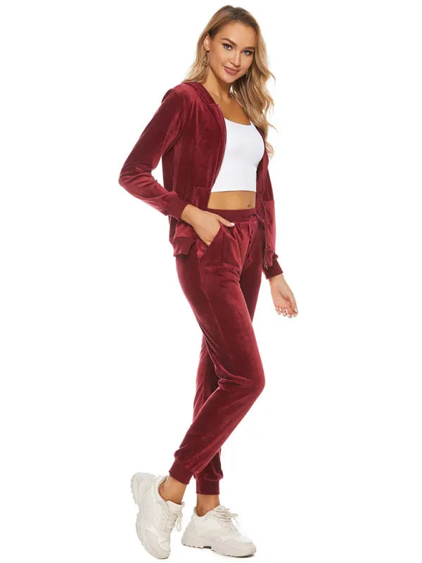 Relaxed Women Casual Velvet Two-Piece Set - Casual Jogger Set - LeStyleParfait