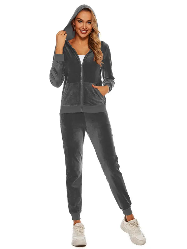Relaxed Women Casual Velvet Two-Piece Set - Casual Jogger Set - LeStyleParfait