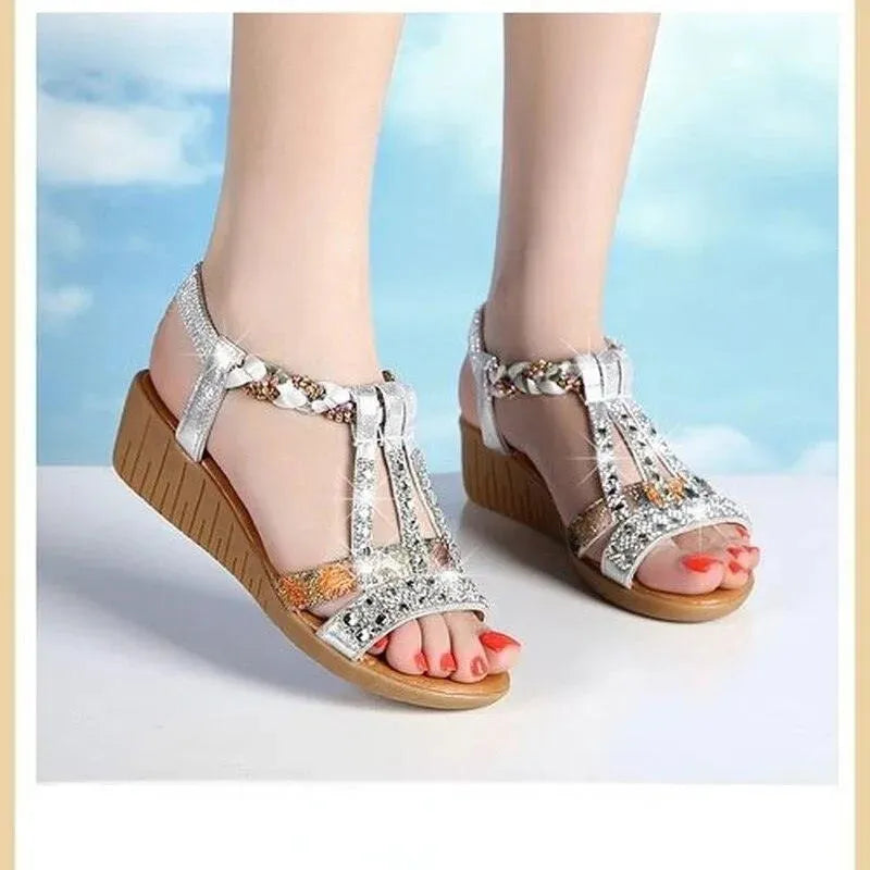 Rhinestone Strap Wedge Sandals - Wedge Shoes - LeStyleParfait