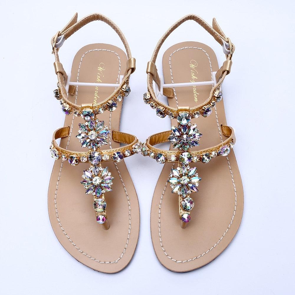 Rhinestones T-Strap Flat Sandals - Sandals - LeStyleParfait